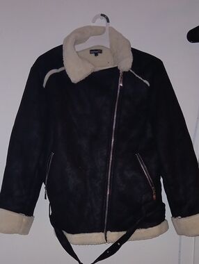 Boohoo Black Faux Shearling Bomber Jacket with White Trim